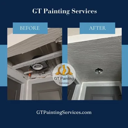 Ceiling drywall repair around a light fixture, before and after