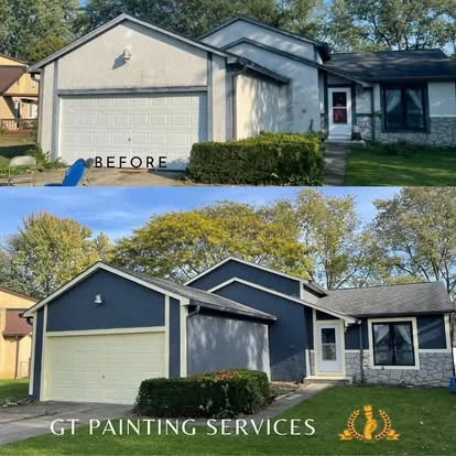 Freshly repainted home exterior in navy blue